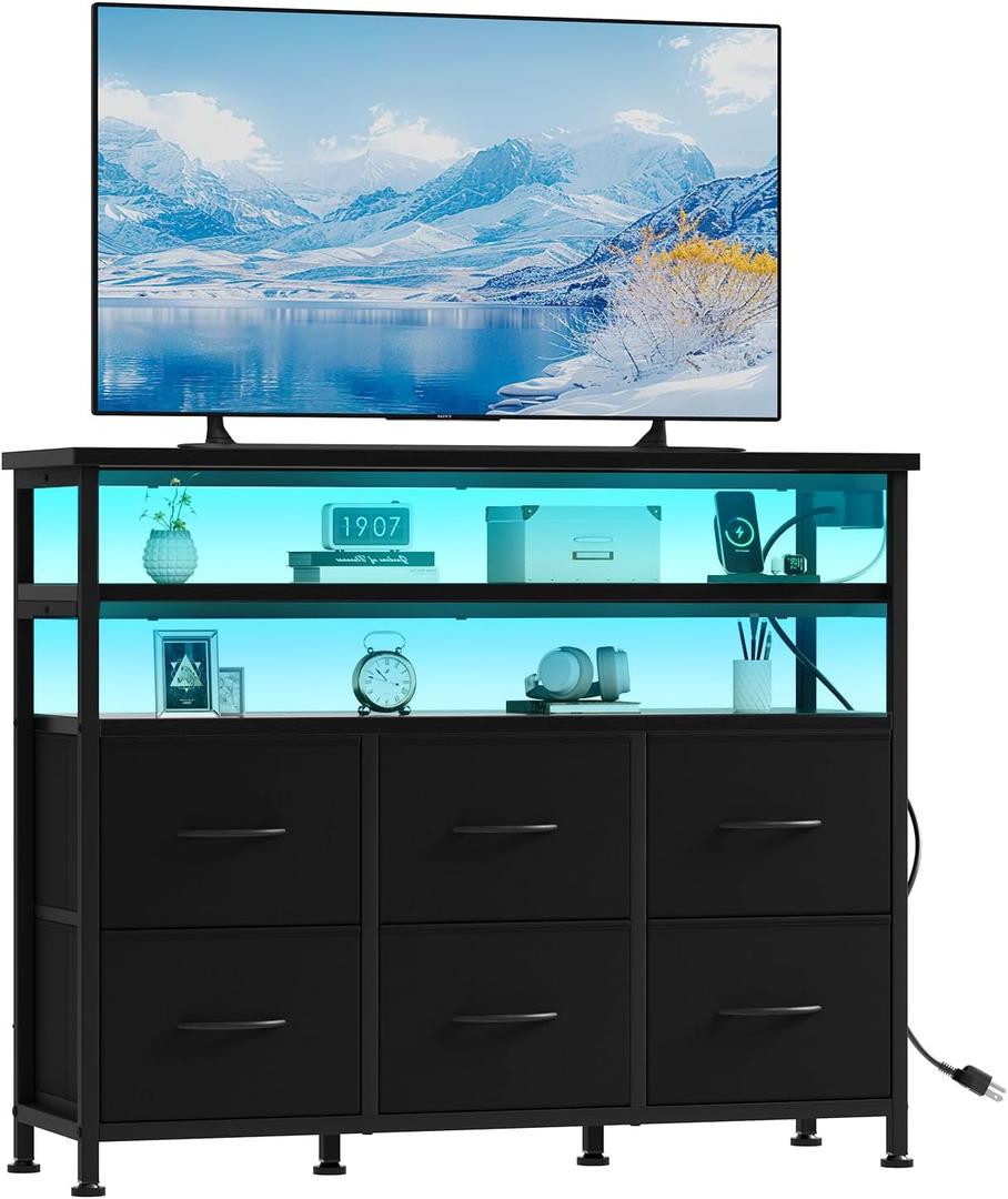 TV Stand for 45 Inch TV, 6-Drawer Dresser with 3-Tier Open Shelves, LED Lights, Charging Station, Wood Top Entertainment Center for Bedroom, Living Room, Hallway, Black