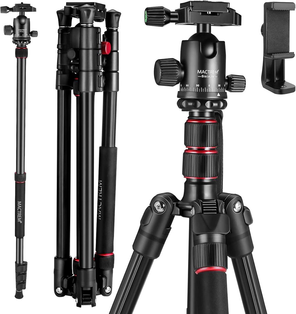 MACTREM 84" Camera Tripod, DSLR Tripod Heavy Duty for Travel, 360 Ball Head Professional Aluminum Tripod & Monopod with Carry Bag Compatible with Canon Nikon Binoculars Laser Telescope, 33lb Load