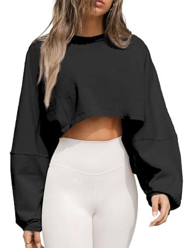 Remidoo Women's Casual Cropped Sweatshirt Long Sleeve Crop Top Crewneck Pullover Shirt Black Small