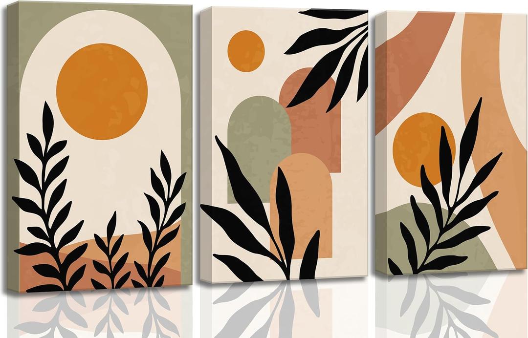 3 Pcs Mid Century Modern Boho Sun Canvas Wall Art Neutral Abstract Minimalism Bohemian Mountains Plants Pictures Wall Decor Posters Prints Artwork for Bedroom Living Room Home Decoration, 16x24in-Canvas
