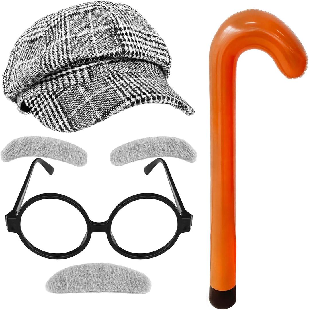 Rrshnsgv 4 PCS 100th Day of School Costume Old Man Costume,Grandpa Costume Set,Dressing up Old Man Costume Accessories for Kids,Boys,Cosplay Party,Halloween