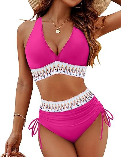 Blooming Jelly Women High Waisted Bikini Sets Tummy Control Swimsuits Color Block Two Piece Drawstring Bathing Suit(Size M)