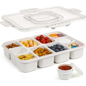 Caperci Snackle Box Container - Large 10-Compartment Divided Serving Tray with Lid and Handle, Built-in 2 Dip Containers, Dishwasher Safe, Leak-Proof, Wheat Straw, BPA-Free (White)