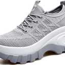 Women's Chunky Platform Comfort Orthopedic Wedge Walking Shoes Fashion Knitted Breathable Lace Up Lug Sole Casual Non-Slip Running Shoes with Arch Support, 8, Grey