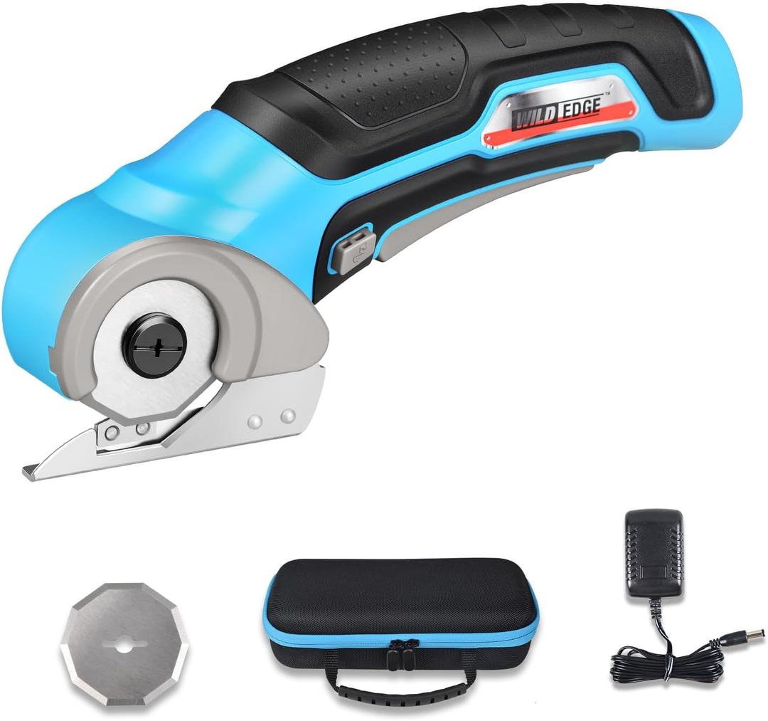 Cordless Electric Scissors, Electric Box Cutter for Cardboard with 2 Blades, Rapid Charger & Case, 4V 2500mAh Long-Runtime Battery - Cuts Cardboard, Fabric, Carpet & More (Blue)