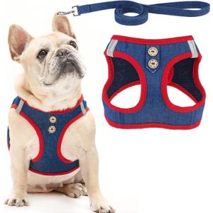 PUPTECK Dog Harness and Leash Set for Small Medium Dogs No Pull Step-in Soft Mesh Puppy Cat Vest Harnesses Reflective at Night, Denim NavyBlue L (L(CHEST 18"-20", 16.5-22 lbs))