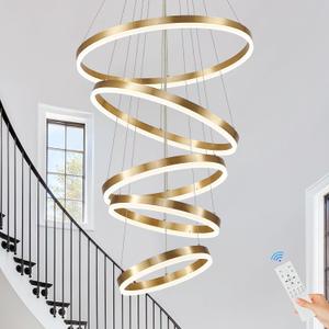 Modern LED Chandelier for Foyer Dimmable Gold High Ceiling Chandeliers Foyer with Remote Control for Entryway Dining Room Living Room Staircase, 3000K-6500K(5-Rings D23.6in)