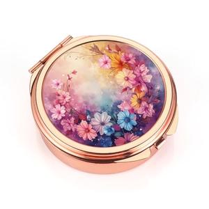 Dynippy Pill Case Pill Box with Mirror Pocket 3 Compartment Medicine Case Vitamin Pill Organizer for Pocket Purse and Travel (Round, Rose Gold-Petals Bloom)