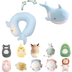Kids Travel Pillow - 2-in-1 Deformable Kids Neck Pillow for Traveling, Soft U-Shaped Pillow with Adorable Animal Design, Comfy Sleep and Play, Ideal for Airplanes and Cars - Blue Whale
