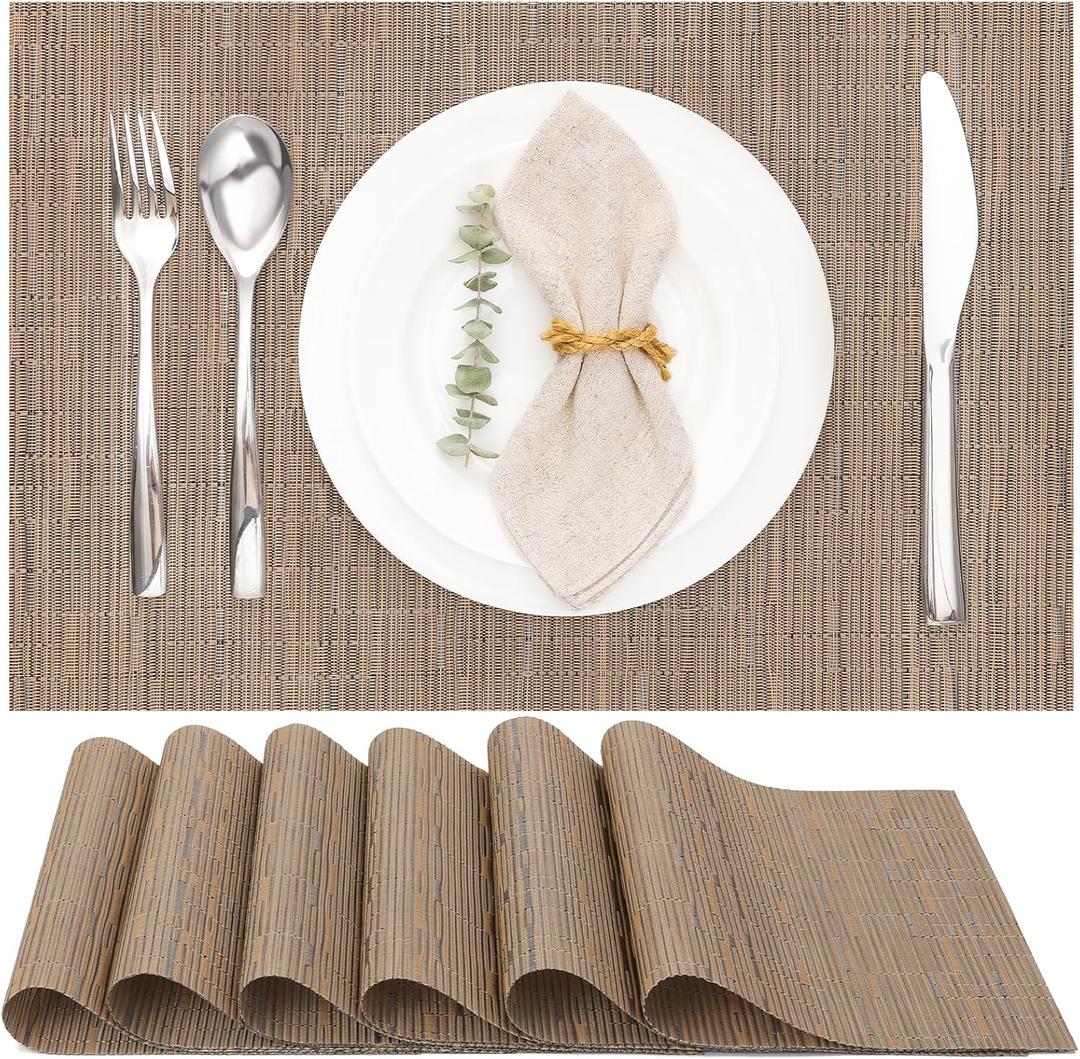 Placemats Set of 6, Vinyl Woven Placemats Place Mats Indoor Washable Table Mats Non-Slip Place mats for Dining Table (Beige, Set of 6)
