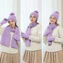 Double Couple 3pcs Winter Women scarf and hat and Touch Screen Gloves Set for Women Knit Hat with Faux Fur Ball Scarves Glove (Purple)