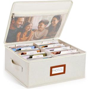 HULISEN Photo Storage Box with Lid & Dividers, Linen Photo Organizer for up to 2000 4x6 Pictures, Keepsake Memory Box with Side Handle for Family, Wedding & Baby Photos, Cards, Scrapbook