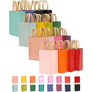 qiqee 100-Packs Paper Bags with Handles Bulk 8.26"×6"×3.15" Small Gift Bags 16 Different Senior Color Bags Multiple Uses（Small Size）