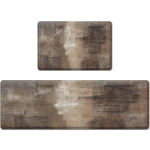 Anti-Fatigue Brown Grey Kitchen Rug Set of 2 Cushioned Abstract Rug for Floor, Art Standing Mat Waterproof Non-Slip Mat PVC Ergonomic Comfort Foam Kitchen Decor (17.3 x 47 in + 17.3 x 29 in)