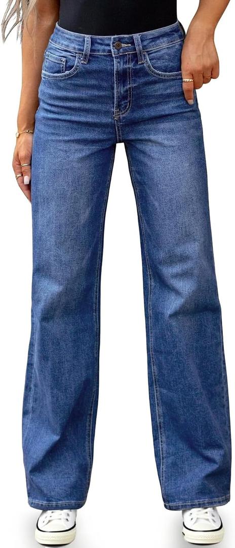 BMSTAY Women's High Waisted Wide Leg Jeans Stretchy Straight Leg Bootcut Denim Pants 2025 Trendy, Darkblue Medium
