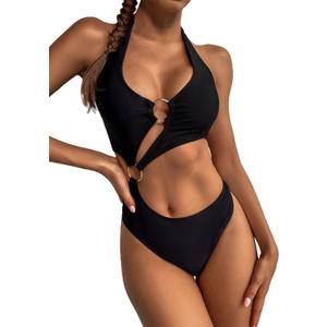 Hilinker Women's O-Ring Cutout Halter One Piece Swimsuit High Cut Bathing Suit (X-Large, Black)