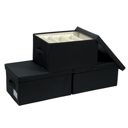 ChicnChill Foldable Closet Storage Box With Adjustable Dividers, Pack 3, Made in Vietnam Drawer Storage Organizer, 17.3x13.4x9.4 inch Fiber Bins for Smart Organizing, Durable Oxford Boxes (Black)