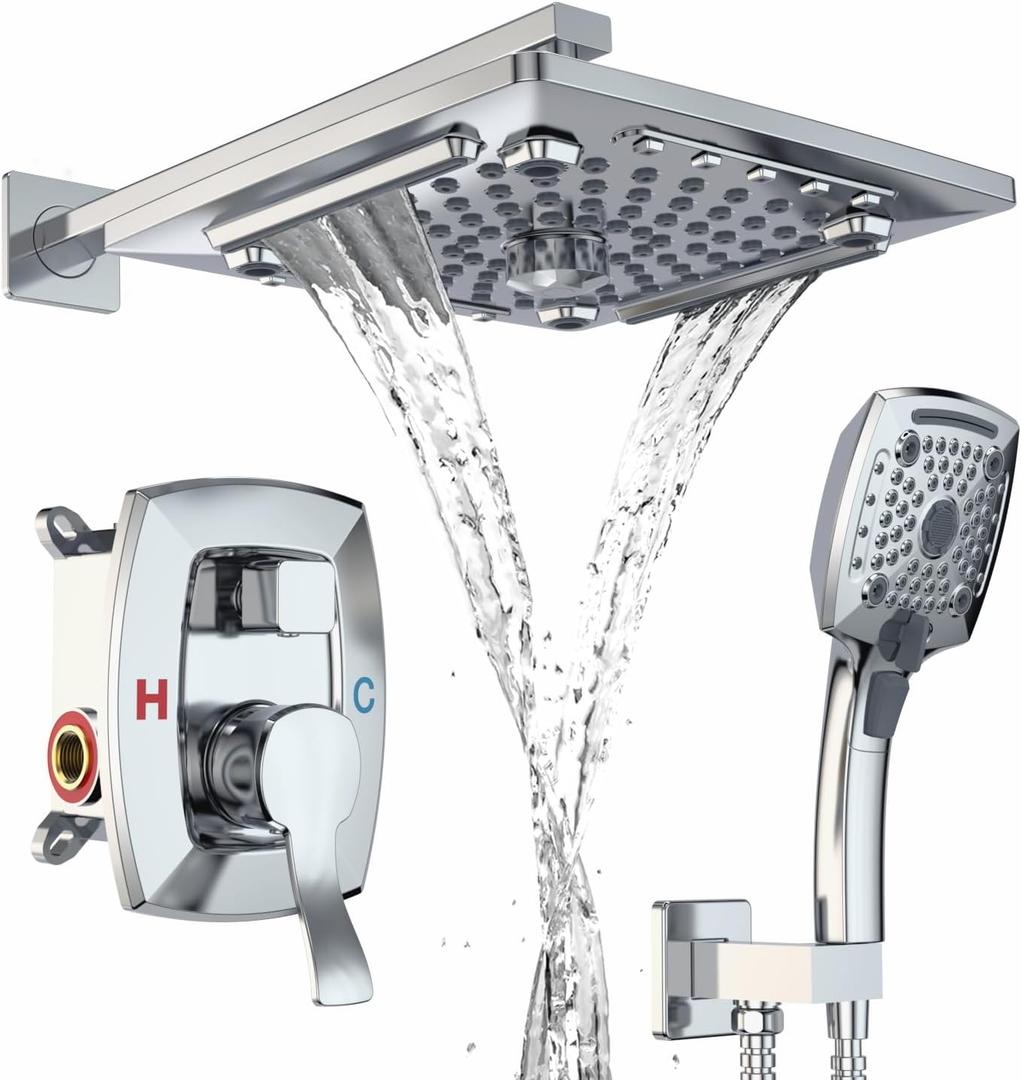 ELLO&ALLO Bathroom Shower Faucet Set Mixing Valve and Trim Kit, Complete Shower System with Rough-in Valve, Chrome