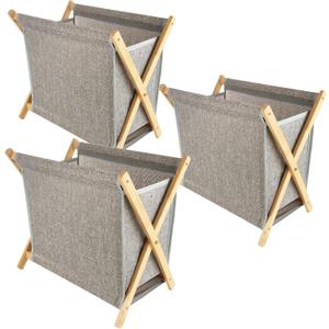 STARVAST 3 PCS Bamboo Laundry Hamper, X-Frame Laundry Basket, Laundry Hamper with Removable Bag, Foldable Laundry Basket for Household-Grey