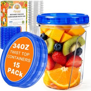 15 Pack 34oz Reusable Freezer Storage Containers with Twist Top Lids Airtight, Clear Plastic Soup Freezer Containers, Quart Food Storage Containers with Lids for Meal Prep Leftover Lunch Salad Fruit