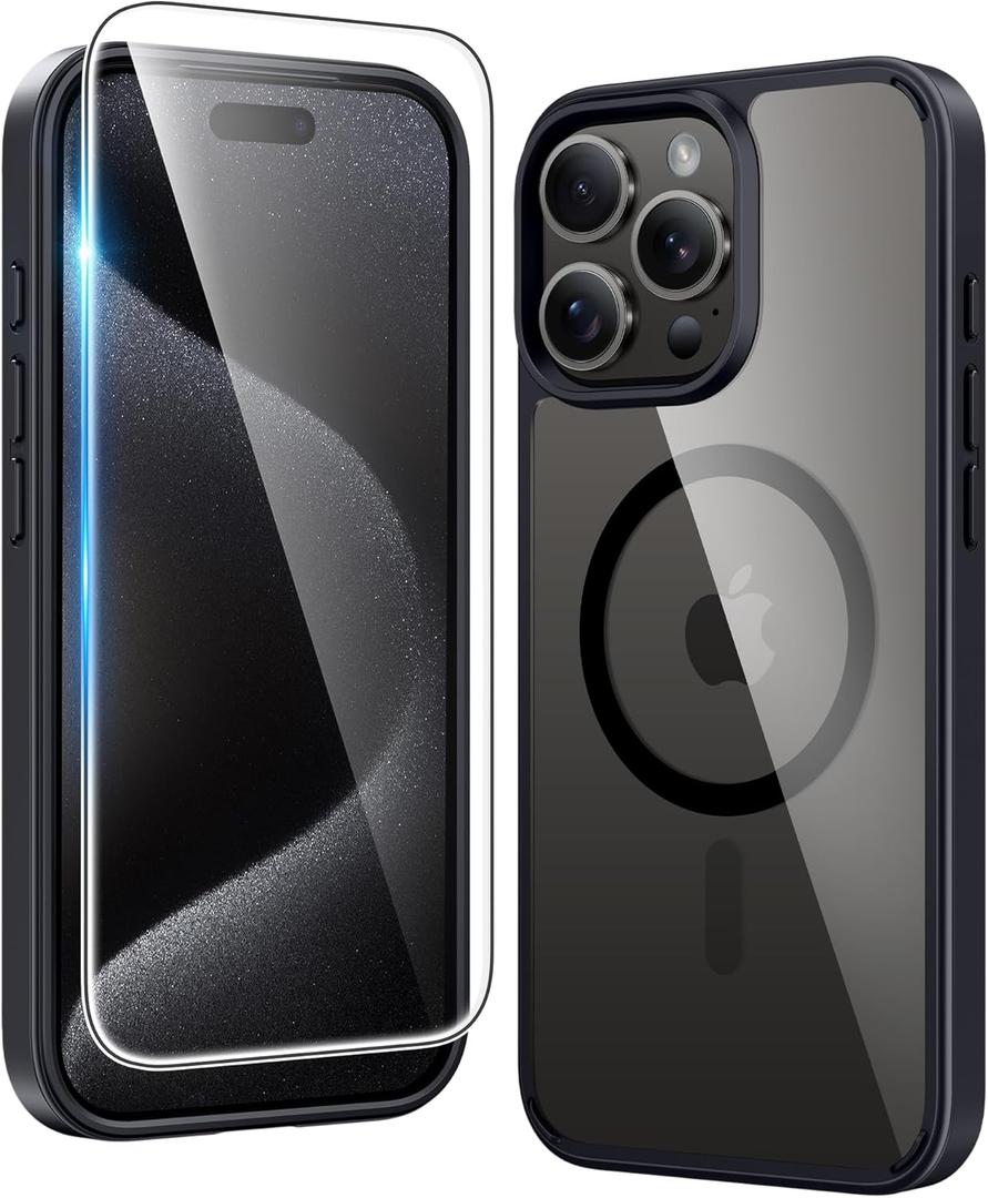 FNTCASE for iPhone 15 Pro-Max Case: Clear Magnetic Phone Cases with Screen Protector Compatible with Magsafe Slim Anti Yellowing Rugged Shockproof Protective Transparent Cell Cover (B-Black)