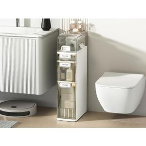 3-Tier Slim Bathroom Storage Cabinet, Narrow Floor Cabinet with Toilet Paper Holder and Wheels, Waterproof Bathroom Storage Organizer for Small Spaces, Bathroom, Kitchen, Bedroom