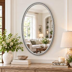 Beaded Mirror Silver Oval Mirror Bathrom Large Decorative Vintage 24"X36"