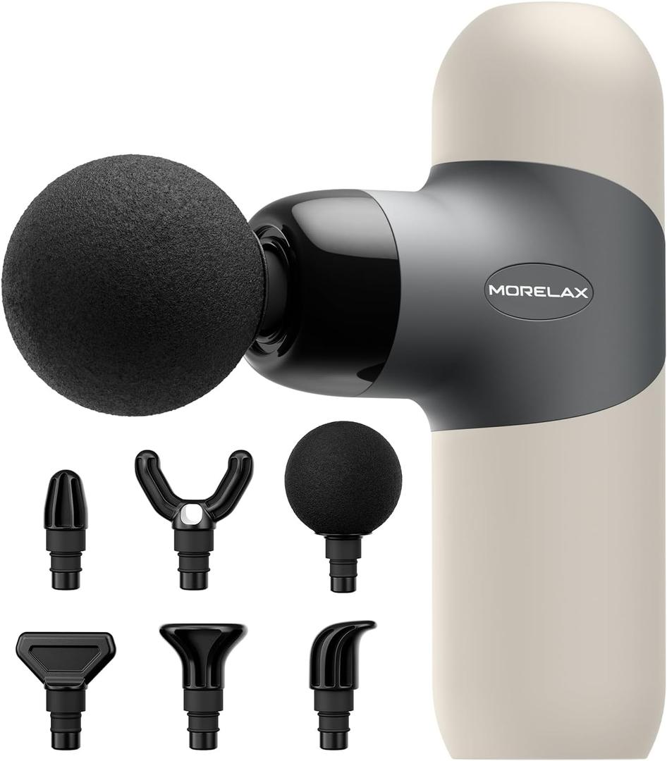 Morelax Mini Massage Gun Portable Deep Tissue Muscle Percussion Massager, Electric Handheld Sport Massager with 6 Massage Heads 4 Speed, Best Gift (Almond)