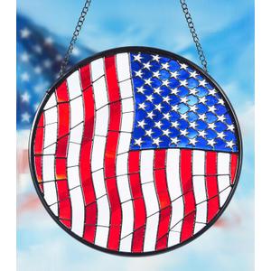 Stained Glass Window Hanging Suncatchers with Patriotic American Flag 12.6", Vibrant Glass Panel with Metal Chain for Home Decor Gift for Women Mother's Day, Birthday, Men, and Mom
