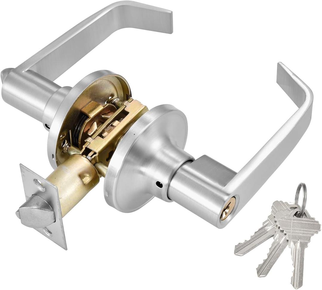 Commercial Door Lever Lock - Heavy-Duty Locking Door Handle, Entry Door Handle with Key Reversible Exterior and Interior Door Lever for Front Entrance, Bedroom and Bathroom. (Silver For Door 25-45mm)