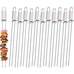 Lallisa Kabob Skewers - Metal BBQ Skewer Sticks with Push Bar for Meat, Chicken, Vegetable & Fruit (12 Pieces)
