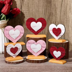 6 Pcs Valentine's Day Decor Wooden Heart Shaped Table Signs Farmhouse Wood Heart Table Decorations Sign Standing Wooden Tiered Tray Decoration for Valentine Day Ornaments(Classic)