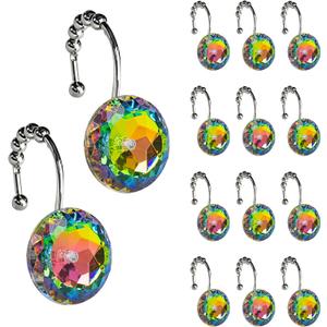 Sunlit Luxury Design Glitter Round Colorful Diamond Crystal Gem Bling with Glide Balls Shower Curtain Hooks, Rust Proof Metal Rhinestones Glam Shower Curtain Rings-12 Pack