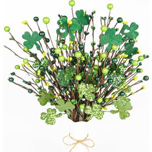 St Patricks Day Decor, 6 Pcs Shamrock Stems, Shinning St Patricks Day Decorations Ornaments, Wooden Shamrock Picks Boquet for St. Patrick's Day Decorations