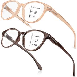 2 PCS Distinctive Progressive Multifocus Reading Glasses Women, Retro Anti Blue Light/Eye Fatigue/UV Computer Readers, Vintage Lady No-Line Multifocal Eyeglasses (Brown&Light Apricot, 2.0x)