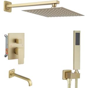 Brushed Gold Shower System with Tub Spout Wall Mounted Tub Shower Faucet Set for Bathroom with High Pressure 10" Rain Shower head and Handheld Shower Head Set