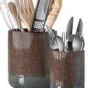 LE TAUCI Utensil Holder, 7.3"+5.4" Ceramic Kitchen Utensil Holder for Countertop, Black Cooking Utensil Crocks for Kitchen Counter, Morden Utensil Organizer for Spatula, Set of 2, Marble Dark Olive