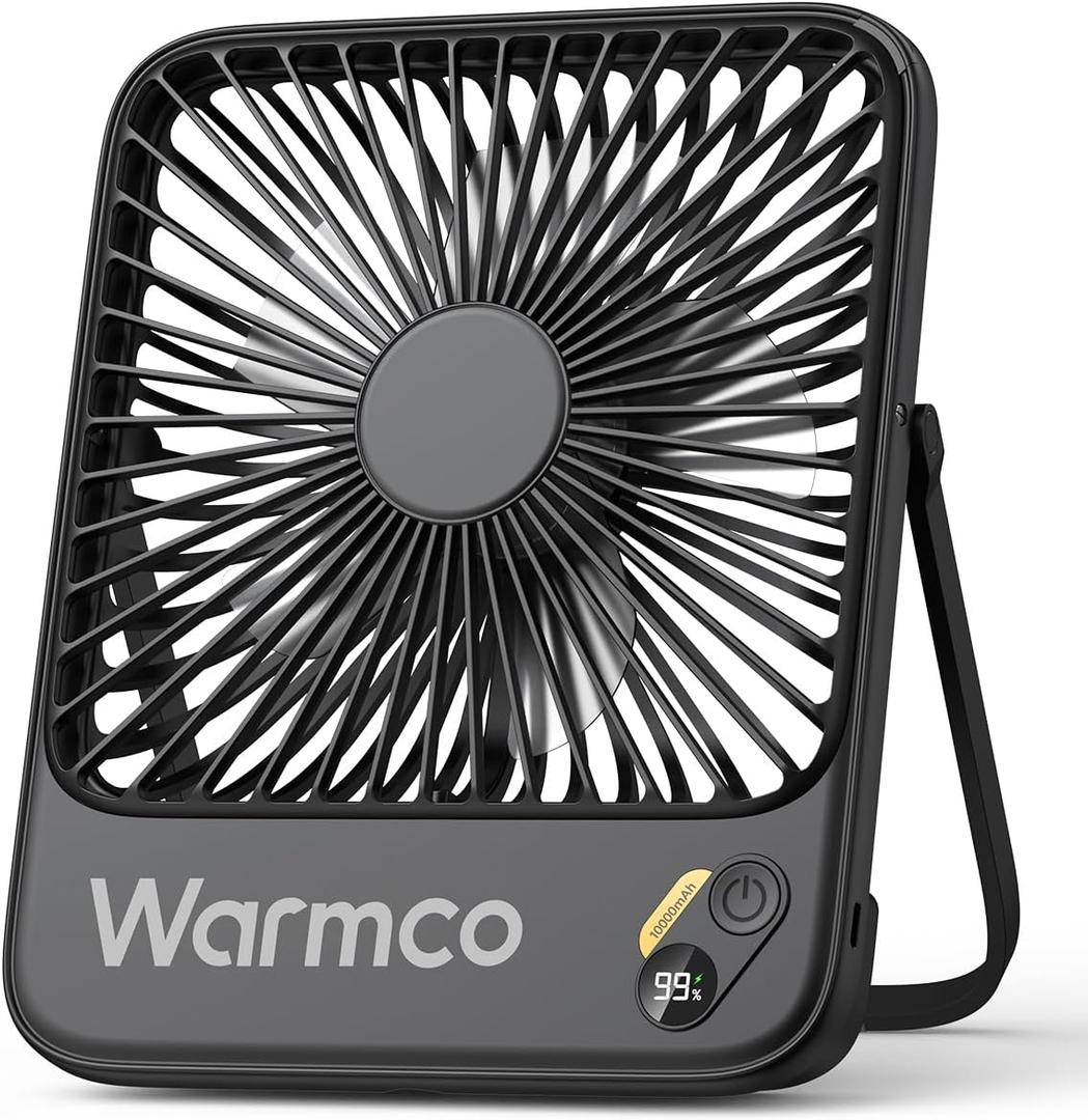 Warmco 10000mAh Portable Travel Fan 7-inch, Max 24H Runtime, Ultra-thin Quiet Rechargeable Battery Operated Desk Fan with Digital Display for Camping, Office, Bedroom, Cruise Essentials (Black)