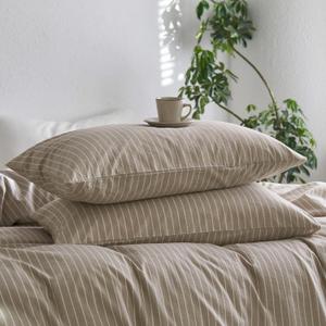 MooMee Bedding Pillowcases Striped Pack of 2 100% Washed Cotton Linen Like Textured Breathable Durable Soft Comfy (Tannish Linen Grey White Wide Stripes, Queen)