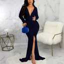 Women's Elegant Formal Mermaid Maxi Dress Off Shoulder Long Sleeve Wedding Split Evening Gown Prom Cocktail Party Dresses (Blue, L)