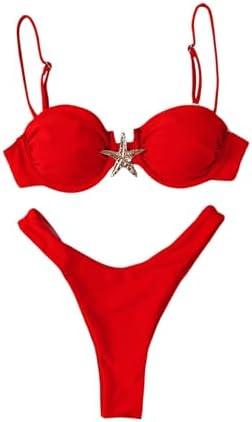 OYOANGLE Women's Bikini Set Starfish Ruched High Cut Thong Solid 2 Piece Beachwear, Large