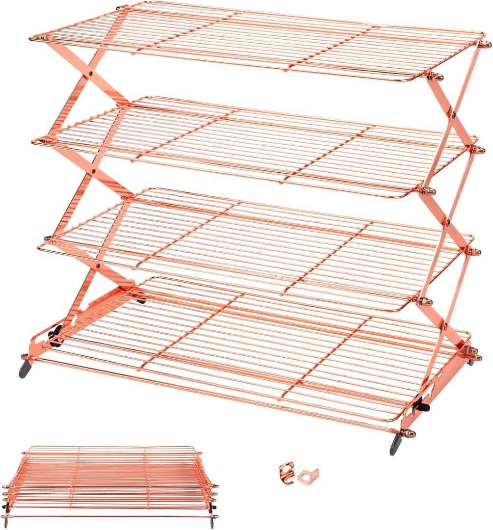 Geesta 2/3/4-Tier Collapsible Cooling Rack with Adjustable 3 Setting Design Stackable Cooling Roasting Cooking for Cookies Baking - Copper Cooking Utensils (Rose Gold)