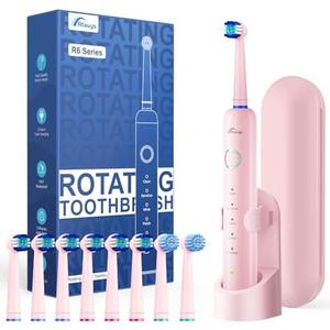 Rtauys R6 Rotating Electric Toothbrush for Adults, Fast Charge, Come with 8 Brush Heads (2 Types) and Travel Case, 5 Modes, 50000VPM Powered Toothbrush, 2 Minute Timer