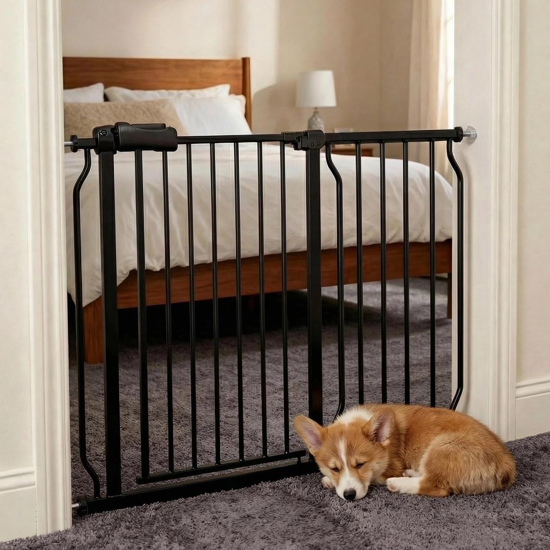 Baby Gates Extra Wide 43.5-48 Inch Wide Large Baby Gate for Stairs Tension Pet Dog Gates Indoor for Doorways No Drilling Pressure Mounted Pet Gates for Kids (Black)