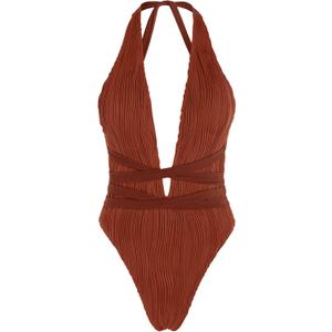 ZAFUL Women Plunging One Piece Swimsuit Backless Cross Tie High Cut Thong One-Piece Bathing Suit (Medium, 3-caramel)