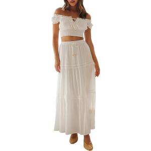 Womens Two Piece Summer Boho Outfit Off Shoulder Crop Top Maternity High Waist Maxi Skirt Beachear