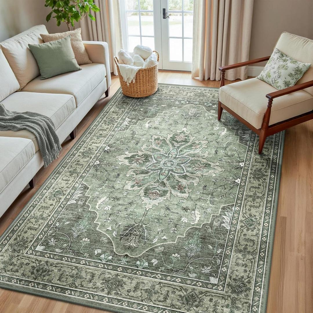 Area Rugs 5'x8' Washable Non-Slip, Floral Vintage Distress Print Pattern Medallion Carpet for Living Room Bedroom Dining Room, Dark Green Gray