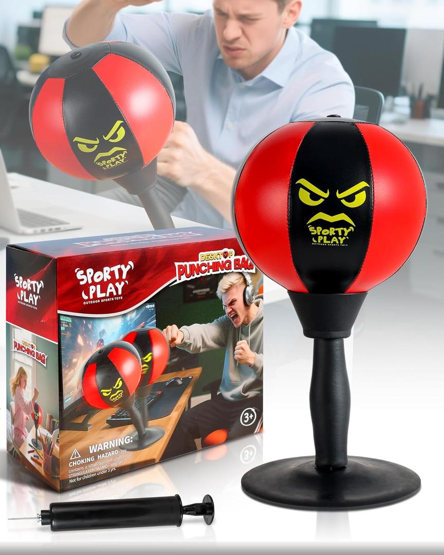 Desktop Punching Bag with Double Suction Cup Base for Stress Relief, Upgraded Spring & Durable Tabletop Boxing Ball for Office or Home, Fun Gift for Men, Women & All Ages (Black/Red)