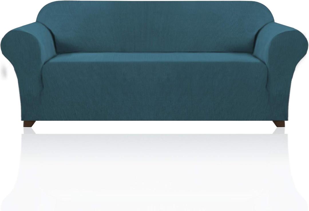 PrinceDeco Stretch Sofa Cover Slipcover Couch Covers for 3 Cushion Couch Furniture Protector Sofa Covers with Non Slip Elastic Bottom Dogs Pet Friendly Fitted (Sofa, Deep Teal)