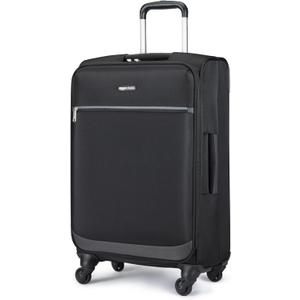 Amazon Basics Luggage, 23" Medium Checked Softside Suitcase With Wheels, With Four 360-Degree Multi-directional Spinner Wheels, Expandable Space, Zippered Pocket and Straps, Telescopic Handle, Black